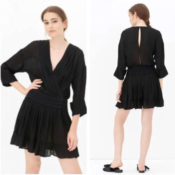 Sandro Dress Obi Wrap Effect Checked Voile Mini Black Size 3 Large - Picture 1 of 6